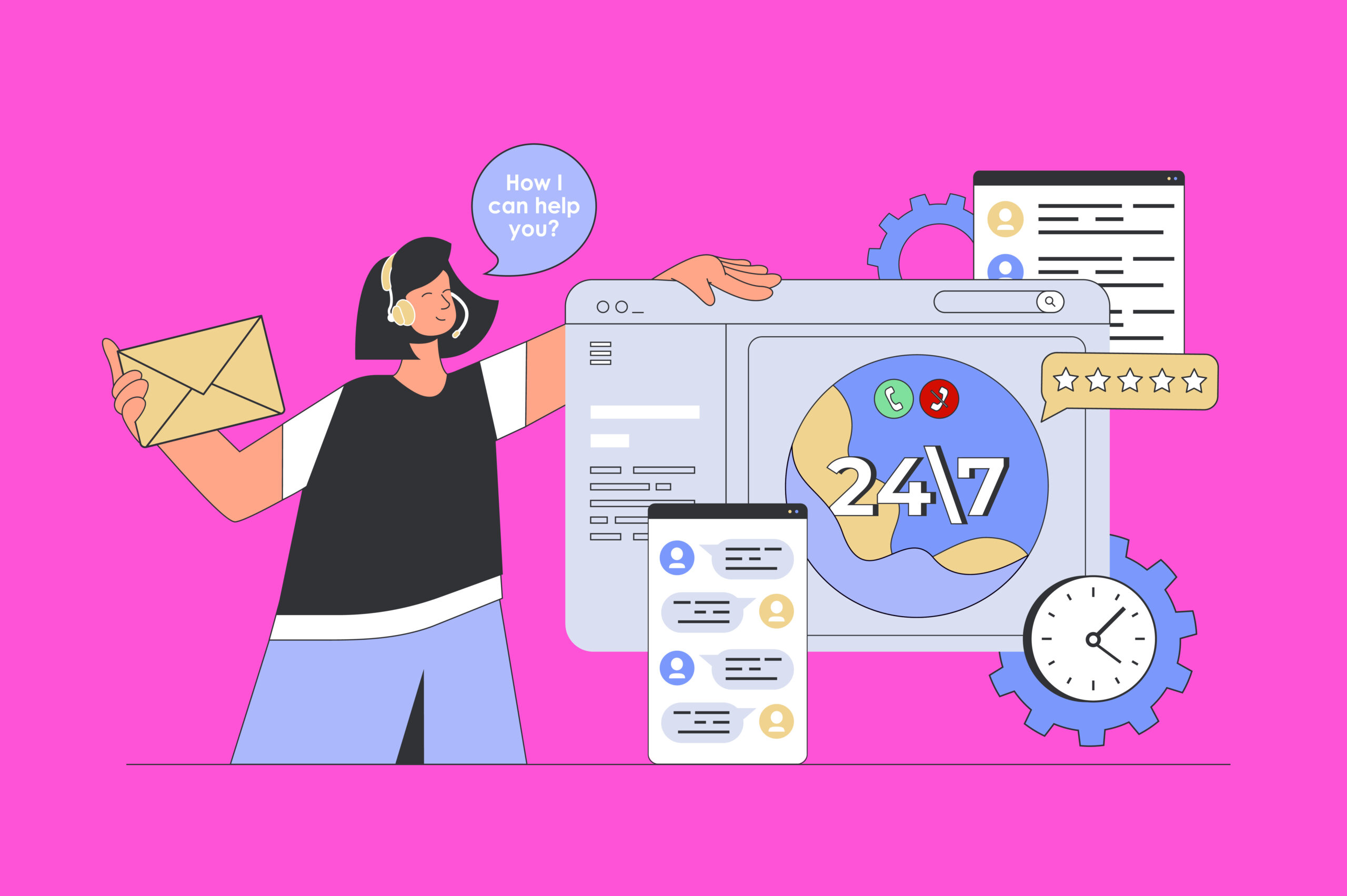 Online support concept in modern flat design for web. Woman consulting clients at online chats, answering emails, talk with customers. Vector illustration for social media banner, marketing material.